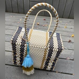 Squeeze de Citron Large Woven Bag Tan White & Blue indie / boho / granola